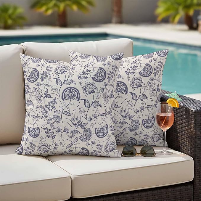 Outdoor Pillow Covers 24x24 Set of 2, Vintage Spring Floral Waterproof Patio Throw Pillow Covers for Couch Sofa Chair, Farmhouse Botanical Decorative Pillowcases for Throw Pillows