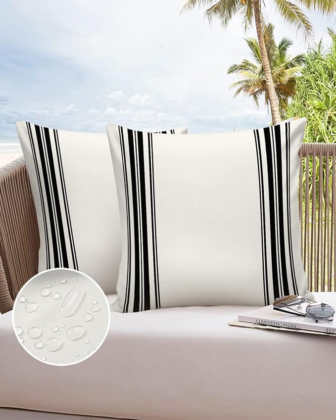 Outdoor Waterproof Pillow Covers for Patio Furniture Black Ticking Vertically Stripe Decorative Throw Pillow Cover Simple Style White Pillowcases Set of 2 Cushion Case for Sofa Couch Chair 20x20 In
