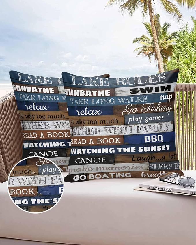 Vandarllin Outdoor Throw Pillows Covers 26x26 inch Set of 2 Waterproof Lake Rules on Wood Grain Decorative Zippered Cushion Covers for Patio Furniture, Rustic Text Wooden Lumbar Pillowcases