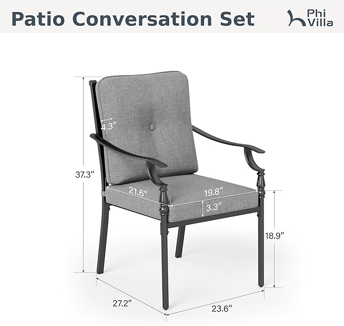 PHI VILLA Outdoor Steel Dining Chairs Set of 4, Heavy-Duty Rustproof Black Wrought Iron Armchairs with Cushions, Large Seating Furniture for Patio, Deck, Backyard, Porch