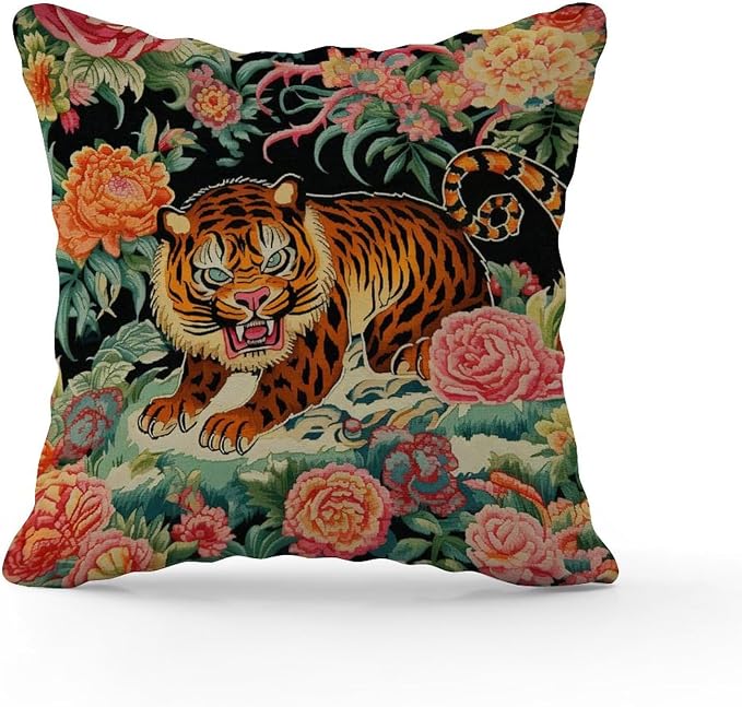 Chinoiserie Tiger Outdoor Throw Pillow Covers Green and Turquoise Black Tiger Stripe Waterproof Throw Pillowcase 26x26 in Modern Accent Pillows for Patio Furniture Garden