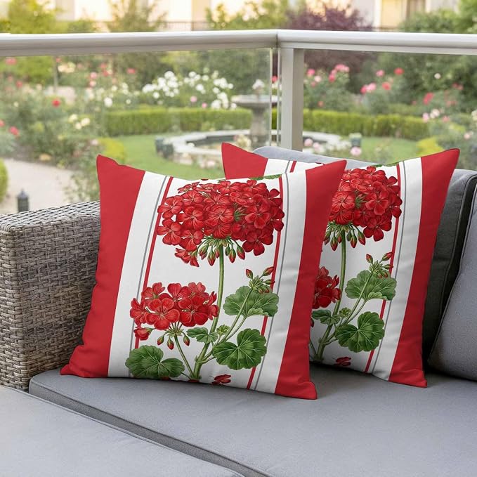 Flower Outdoor Waterproof Throw Pillow Covers 18"x18" Set of 2, Geranium Red Floral Summer Plant Spring Decorative Garden Pillowcase with Zipper Cushion Case for Patio Couch Tent