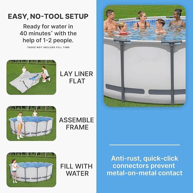 12ft x 48in Round Above Ground Pool Set – Corrosion-Resistant Metal Frame Outdoor Swimming Pool with Filter Pump, Ladder & Cover, Gray（12' x 48"）