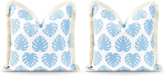 Hofdeco Premium Coastal Hampton Style Patio Indoor Outdoor Pillow Cover Only, 20"x20" Water Resistant for Backyard, Couch, Baby Blue Monstera Leaf Fringe (Pack of 2)