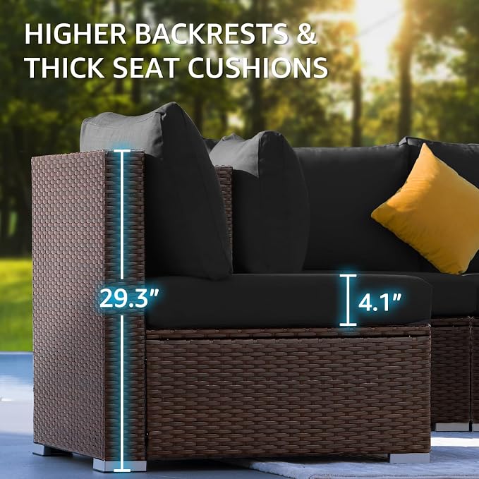 NICESOUL 13 Piece Patio Furniture w/Fireplace, Elegant Outdoor Seating w/Firepit, XL 29.3'' High Back Sectional Sofa, All-Weather Rattan Deck Couch, Modular Sturdy Conversation Set, Brown & Black