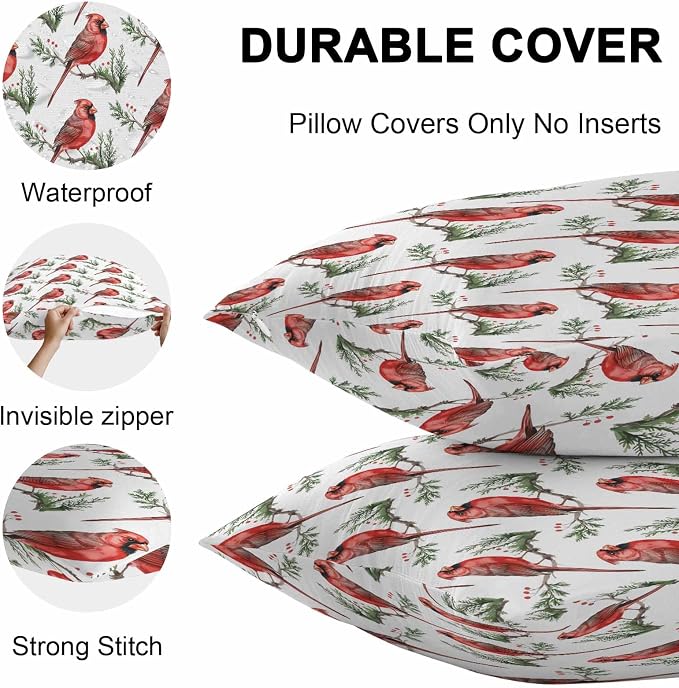 YOKOU Outdoor Waterproof Throw Pillow Covers, Christmas Red Bird on Pine Branches Berries Cardinal Pillowcases Cushion Covers Cases for Patio Couch Bench, Pack of 2 Rectangle, 20X12 Inch