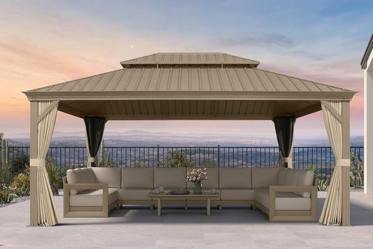 PURPLE LEAF Outdoor Gazebo 13'X17'，Champagne Hardtop Gazebo with Galvanized Steel Double Roof, Permanent Patio Gazebo with Curtains and Netting for Patio Lawn Garden and Deck