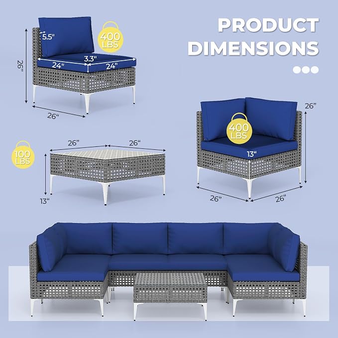 Tangkula 7 Piece Outdoor Furniture Set, Patiojoy Patio Wicker Sectional Cushioned Sofa Set with Coffee Table, for Backyard, Poolside, Porch and Lawn (Navy Blue)