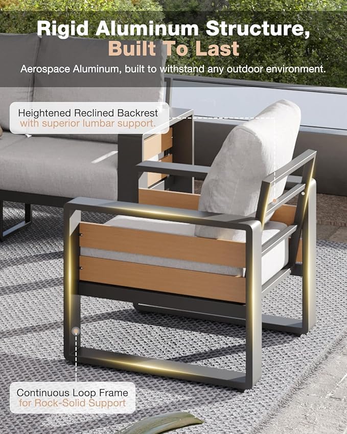 Aoxun Aluminum Patio Furniture Set with Fire Pit Table, 4 Piece Luxury Outdoor Sectional with 6" Olefin Fabric Cushions, Patio Conversation Sets with Waterproof Cover for Backyard, Porch Light Grey