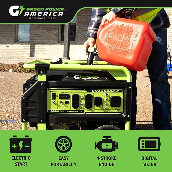 Green-Power America Portable Generator 13000 Watt,Gasoline Powered,Recoil/Electric Start, 12V-8.3A Charging Outlets, Home Back Up & RV Ready