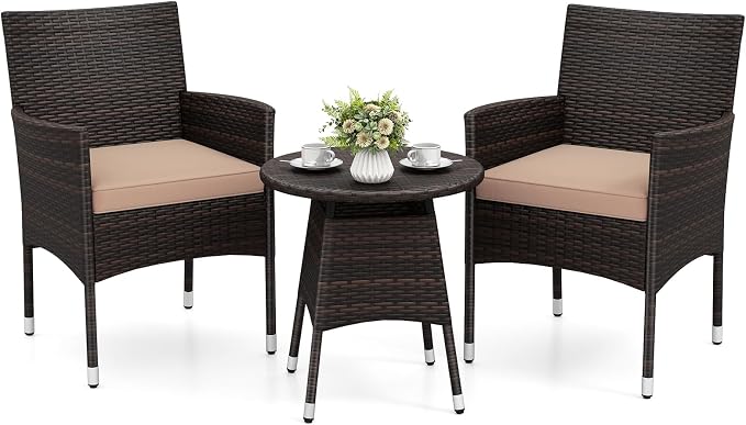 Tangkula 3 Piece Patio Furniture Set, Hand-Woven PE Wicker Conversation Set with Contoured Armchairs, Cushions & Round Coffee Table, Outside Bistro Set for Porch, Backyard, Balcony & Poolside (Beige)