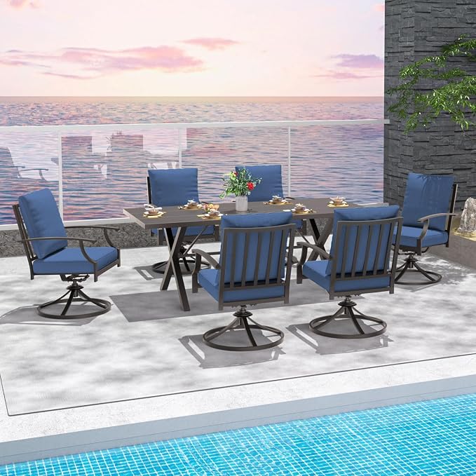 7-Piece Patio Dining Set Outdoor Conversation Set,Metal Outdoor Furniture Set with Umbrella Hole Cut-Out 78.7" x 35.4" Table and 6 Metal Backrest Swivel Chairs for Backyard,Garden,NavyBlue