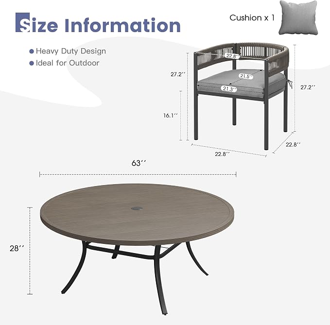VICLLAX Patio Dining Set, 63" Grey Table & 6 Chairs with Grey Cushion | Outdoor Table and Chairs Set of Round Metal Patio Table, Outdoor Dining Chairs with Metal Frame, Garden Deck Porch