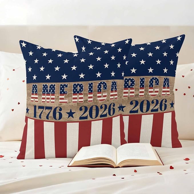 250th Anniversary Outdoor Pillow Covers 16"x16" Set of 2, Waterproof Throw Pillow Covers for Patio Furniture, USA Flag Red Striped Blue Star Retro Decorative Cushion Covers for Porch