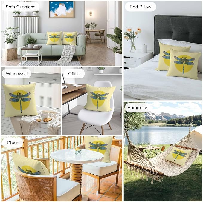 Throw Pillow Covers 24x24 Inch Set of 2, Blue Dragonfly Waterproof Outdoor Pillow Covers, Yellow Vintage Art Decorative Cushion Pillowcases for Couch, Sofa, Bed, Garden, Patio