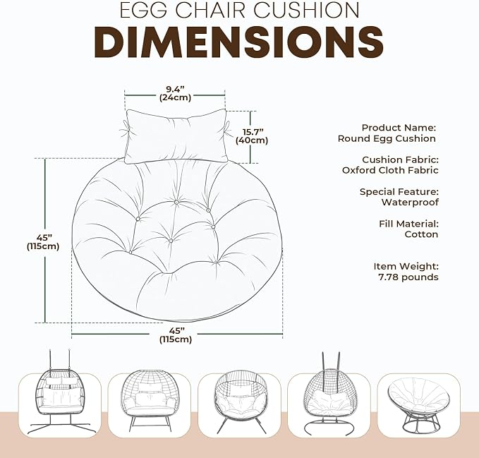 Outdoor 45" Round Egg Chair Cushion Replacement Waterproof Gray | Thicken Pad with Headrest Pillow, Hanging Swing Wicker Egg Chair Cushions, Suitable for Garden Office