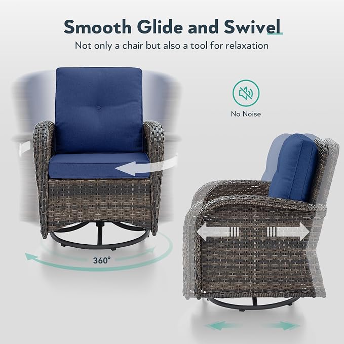 Outdoor Swivel Glider Rocker Chairs - 3 Piece Patio Furniture Set, Patio Bistro Sets with Tempered Glass Side Table, for Balcony, Porch - Brown Wicker, Blue Cushion