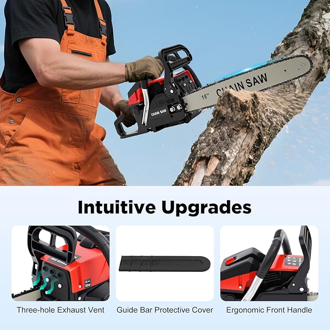 18 Inch Gas Chainsaw, 58CC Single Cylinder Gas Powered Chainsaw Portable 2-Stroke Handheld Gasoline Chain Saw CDI Ignition Diaphragm Carburetor 2800-11000 Rpm 35.04 x 7.87 x 10.23 Inch