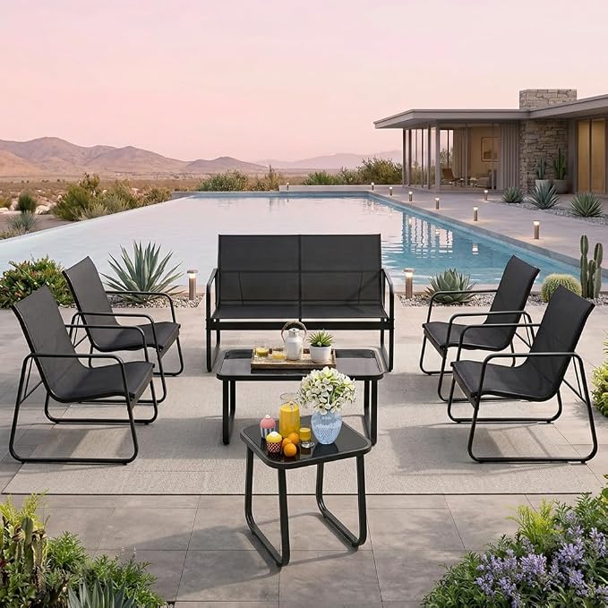 Gizoon 7 PCS Patio Furniture Set, Outdoor Conversation Set, Include Loveseat, 4 Single Chairs & 2 Coffee Tables, Comfortable and Breathable Teslin Fabric, for Lawn, Garden, Balcony, Poolside, Black