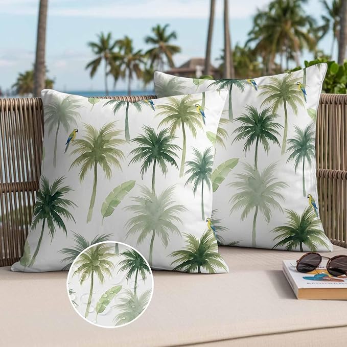Yukro Summer Palm Tree Parrot Outdoor Waterproof Pillow Covers Pack of 2, Tropical Green Leaf Bird Throw Pillowcases Decorative Cushion Covers for Garden Patio Tent Sofa Couch, 16x16 inch