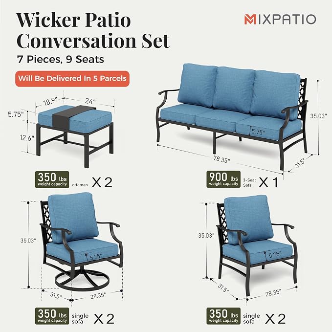 MIXPATIO Patio Furniture Set 7 pcs, Outdoor Patio Furniture, 3-Seat Sofa, 2 Single Chairs, 2 Swivel Chairs, 2 Ottomans and 5.75" Extra Thick Cushion, Conversation Set for Deck,Navy Blue