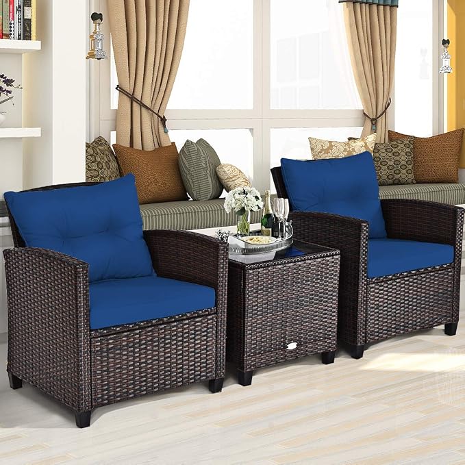 RELAX4LIFE 3 Piece Patio Furniture Set, Wicker Bistro Conversation Set w/ 2 Cushioned Armchairs & Glass Topped Table, Outdoor Rattan Sofa Set Patio Furniture for Porch Balcony Poolside (Navy Blue)