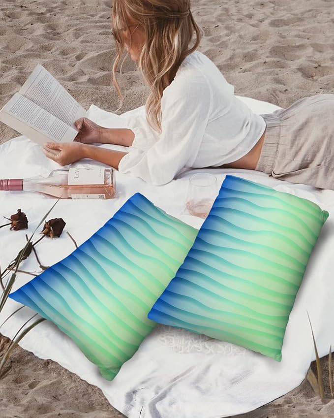 Outdoor Waterproof Pillow Covers Set of 2, Simple Abstract Geometric Blue Green Gradient Lines Patio Throw Pillow Covers, Decorative Cushion Case for Couch Sofa Furniture Garden, 20x12 Inch