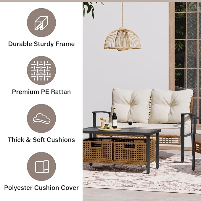 LAUSAINT HOME Outdoor Patio Loveseat with Coffee Table Set of 2, 2 Pcs Comfortable Oversized Furniture Conversation Set for Backyard, Porch, Garden and Poolside, Beige (Not Include Storage Boxes)
