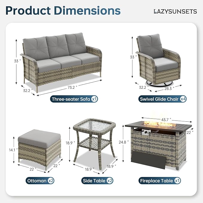 LazySunsets Luxury 12-Piece Patio Furniture Set with 44'' Fire Pit Table, 360° Swivel Chairs, Wicker Rattan Sofa & Thick Cushions, Outdoor Conversation Set for Backyard, Poolside & Garden, Beige/Gray
