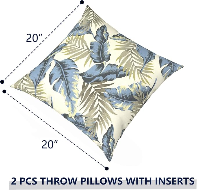 Outdoor Pillows with Insert 20x20 Inch, Waterproof Throw Pillow for Patio Furniture, Decorative Back Cushion for Garden Home Sofa Office Chair, Set of 2, Lush Palm Blue