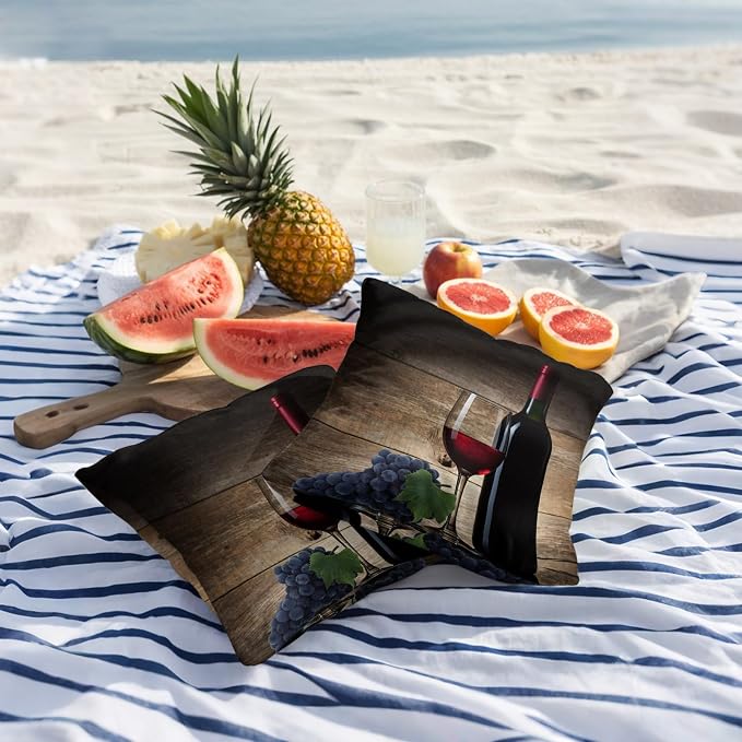 Red Wines Outdoor Pillow Covers 24x24 Inch Throw Pillow Covers Set of 2 Waterproof Decorative Pillow Cases Grapes Vintage Wooden Grain Farmhouse Cushion Covers for Patio Furniture Garden Couch Sofa