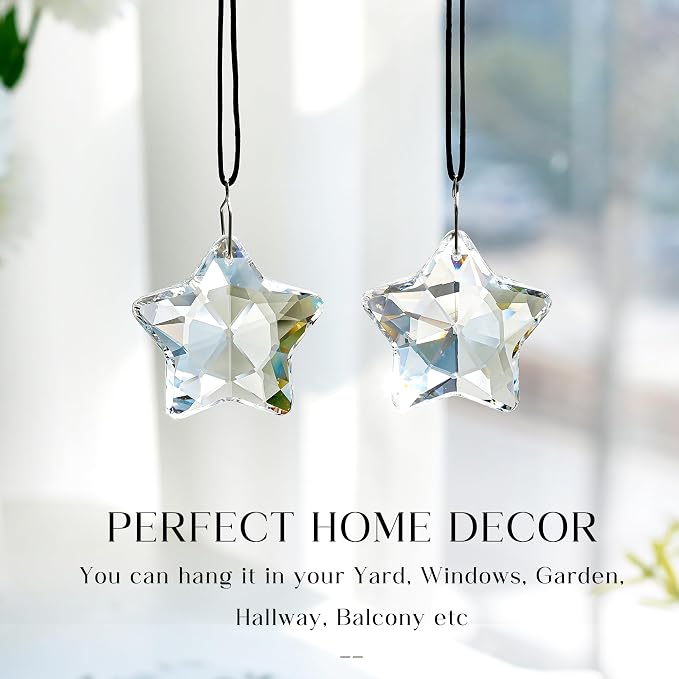 2 Pcs 2 Inch Clear Crystal Star Prism Suncatcher Hanging Decor | Clear Crystal Sun Catcher Prisms Star Shaped Hanging Pendants Set of 2 for Chandelier Patio Garden Window Home Wedding Decor
