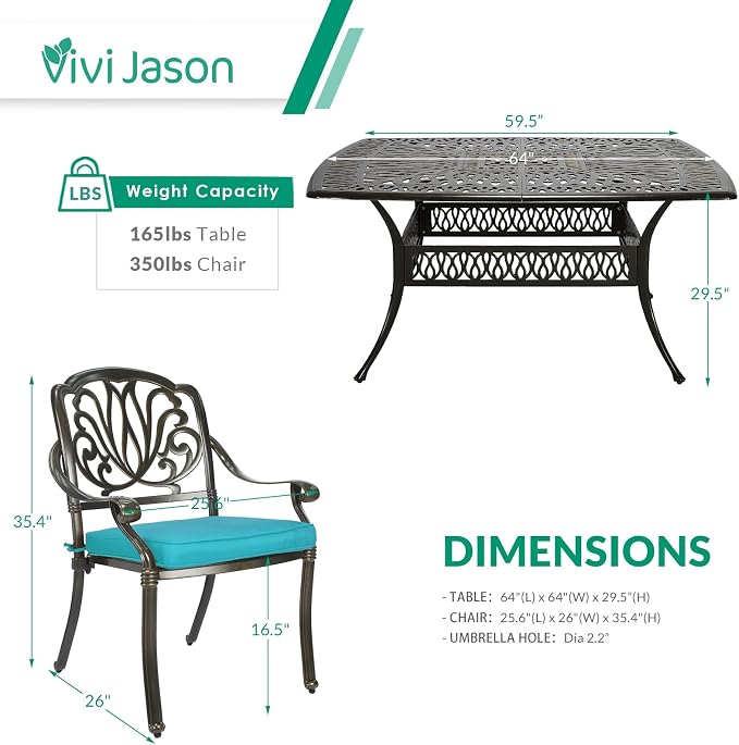 VIVIJASON 9-Piece Outdoor Furniture Dining Set for 8, All-Weather Cast Aluminum Patio Table and Chairs Set with 8 Cushioned Chairs, 64" Large Square Dining Table, 2.2" Umbrella Hole, Ocean Blue