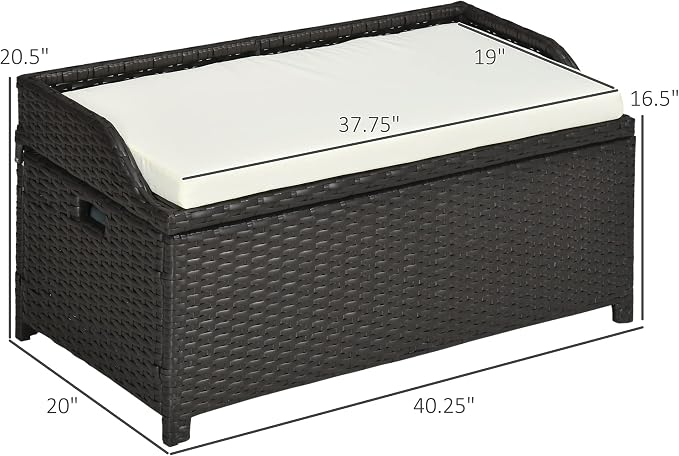 Outdoor Wicker Storage Bench Deck Box, PE Rattan Patio Furniture Pool Container Storage Bin with Interior Waterproof Bag and Comfortable Cushion, Cream White