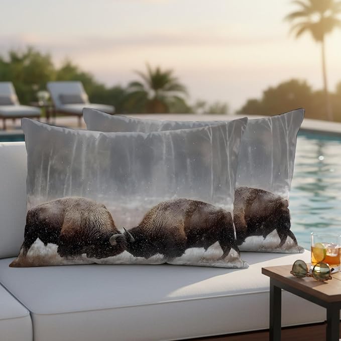 Fighting Bulls Outdoor Pillow Covers 20"x12" Set of 2, Landscape Powerful Animal Waterproof Throw Pillow Covers for Patio Furniture, Decorative Cushion Covers for Porch