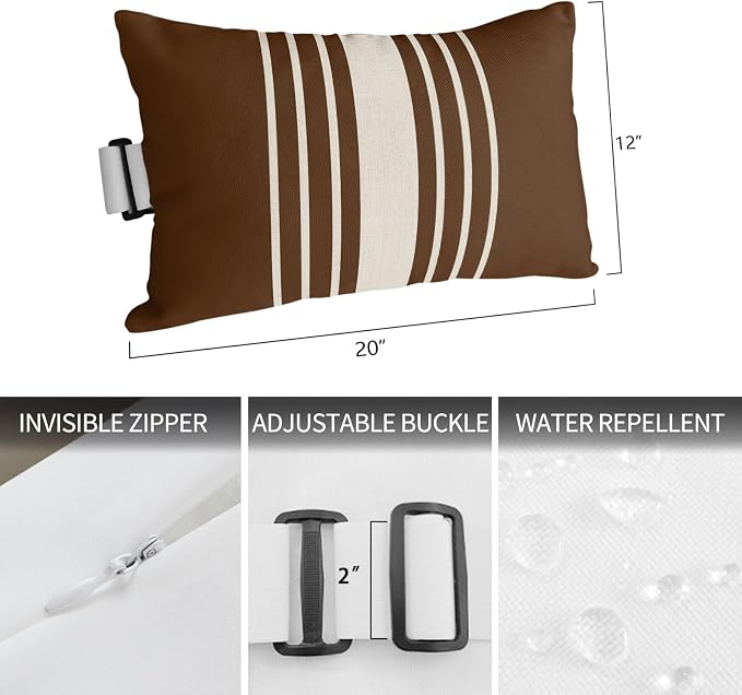 Outdoor Pillow for Chaise Lounge Chair Vintage Brown Striped Linen Headrest Pillow with Adjustable Elastic Strap Set of 2,12x20 inch, Geometric Modern Art Waterproof Head Pillows for Patio Pool Beach