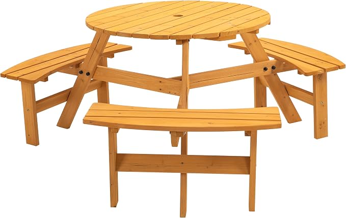 35.43'' Round Outdoor Dining Table Wooden Patio Dining Table & 3 Curved Built-in Bench for 6, 2" Umbrella Hole, Suitable for Backyard Garden Porch, Natural