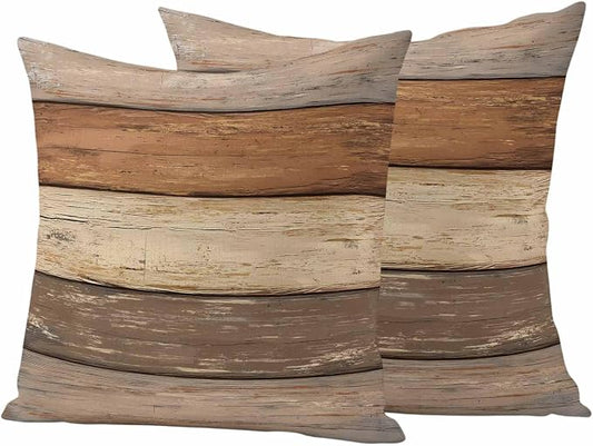 Farmhouse Beige Brown Outdoor Waterproof Pillow Covers, Vintage Wooden Striped Decorative Square Throw Pillowcase Sofa Cushion Sham for Patio/Couch/Chair, 20"x20" 2 Pack