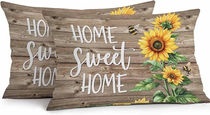 Lumbar Pillow Covers 20x12 Inch Set of 2, Sunflower Brown Waterproof Outdoor Pillow Covers, Farmhouse Bee Country Wooden Grain Decorative Cushion Pillowcases for Couch, Sofa, Bed, Garden, Patio