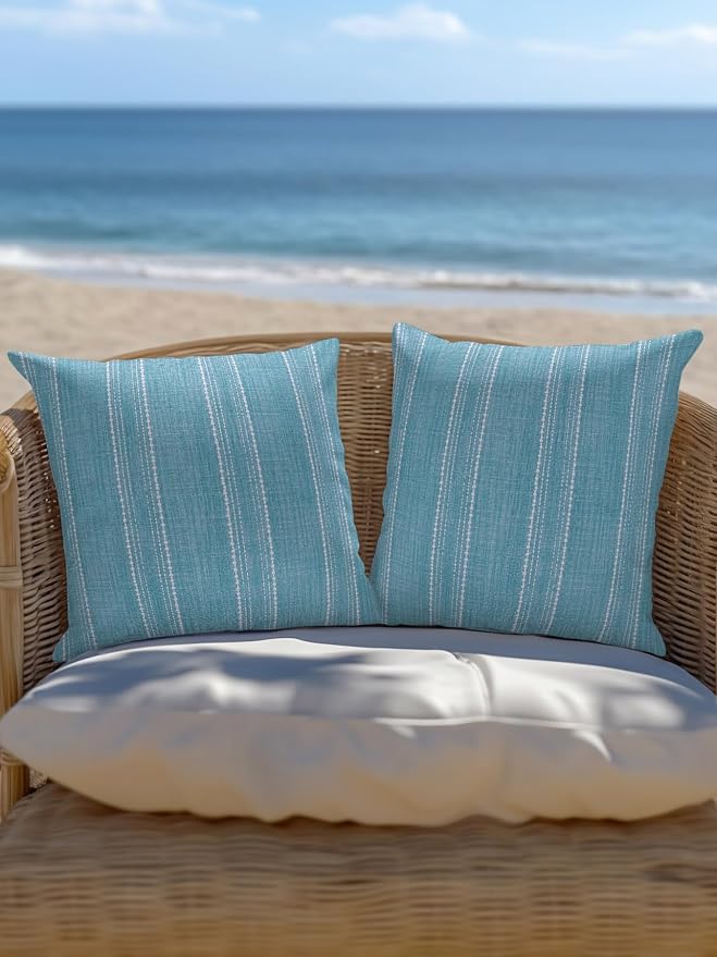 Waterproof Outdoor Pillow Set of 2 Blue Linen Stripes Decorative Throw Pillows Cover & Insert 18x18 Inch Pillowcase Parallel Vertical Lines Pillows for Couch Sofa Bed Patio Furniture Indoor Outdoor