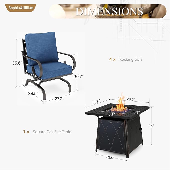 Sophia & William Patio Conversation Set for 4, 4 Rocking Chairs and a 28" Square Fire Pit Table, Metal Outdoor Furniture with 5.75" Extra Thick Cushions, Navy