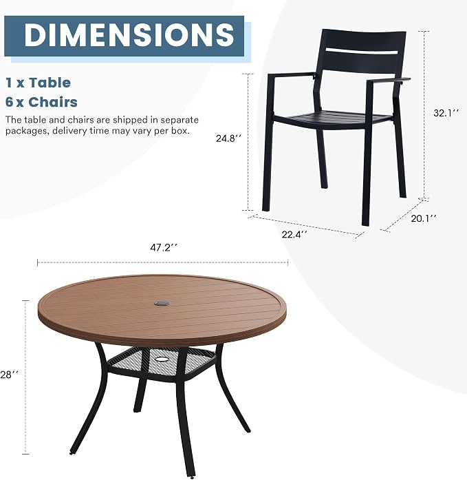 DIFY 7 Piece Outdoor Patio Dining Set for 6, Patio Table and Chairs Set with Umbrella Hole, 47.2" Round Dining Table and Stackable Metal Chairs for Backyard Garden Poolside, Walnut & Black