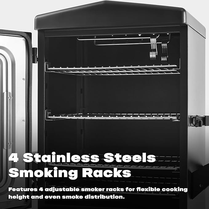 Propane Smoker with Cover, Vertical Smoker Grill with Temperature Control Outdoor Heavy Duty Three Removable Smoking Shelves, Metal Black