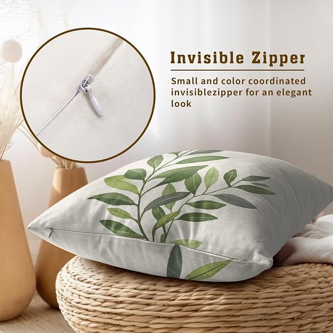 Sage Green Leaves Pillow Covers 22x22 Inch Set of 2, Grey Rustic Plants Leaf Cotton Square Decorative Throw Pillowcases for Bed Sofa Couch Porch Farmhouse Cottage Home Decor