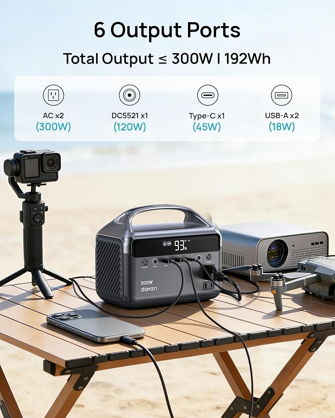 DaranEner Portable Power Station, 300W (Surge 600W) 192Wh Power Bank with 110V AC Outlet, LiFePO4 Battery for Home Emergency, Camping, Travel,& Outdoor Electronics(Option Solar Generator)