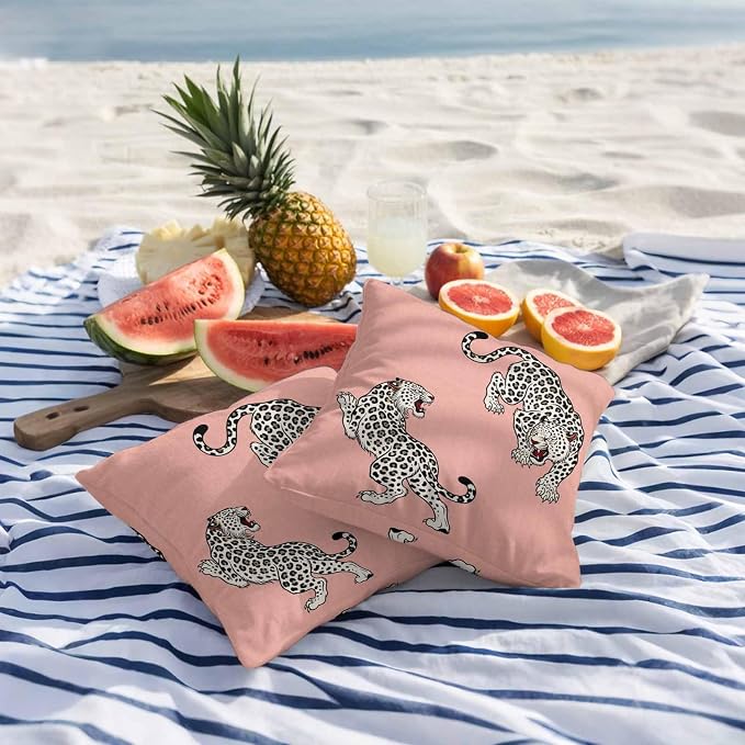 Vandarllin Outdoor Throw Pillows Covers 24x24 inch Set of 2 Waterproof Pink Leopard Decorative Zippered Cushion Covers for Patio Furniture, Bohemian Animal Print Lumbar Pillowcases
