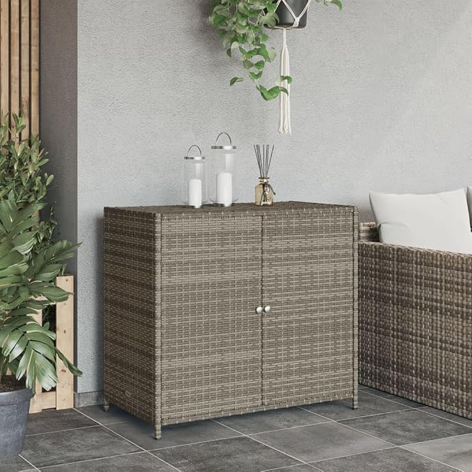 Outdoor Storage Cabinet Gray 32.7x17.7x29.9 Inches PE Rattan & Steel Deck Box for Pool Toys, Gardening Tools, Patio Furniture Covers Accessories