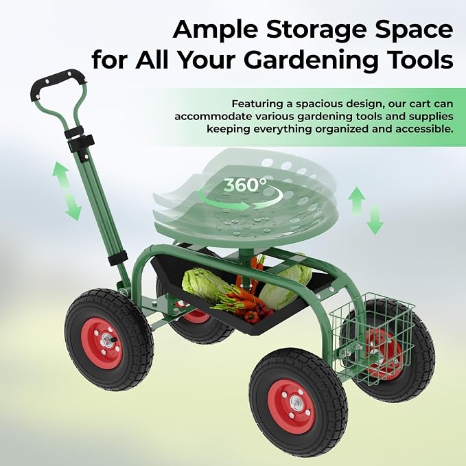 Garden Scooter Rolling Work Seat – 360° Swivel Garden Cart with Wheels, Tool Tray & Steering Handle – Heavy Duty Outdoor Stool for Planting, Weeding & Yard Work