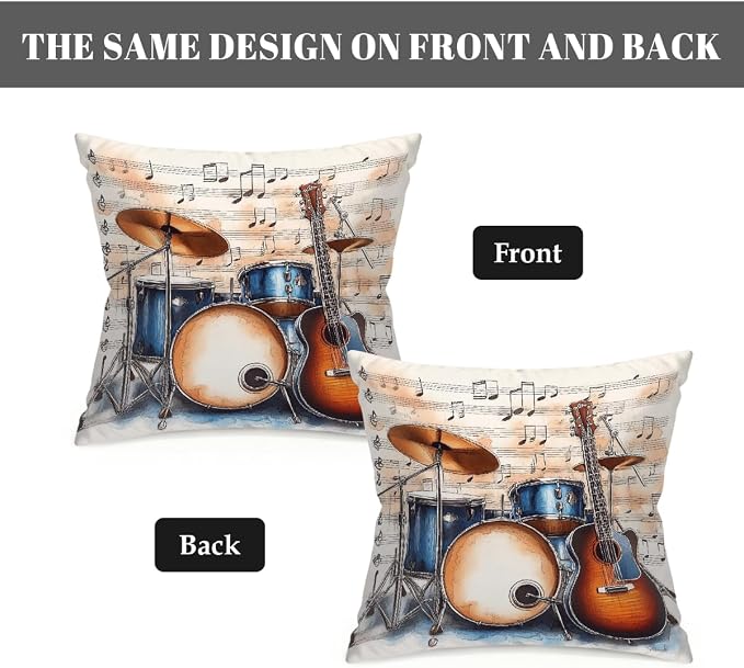 16x16 Inch Outdoor Pillow Covers Set of 2 Waterproof Throw Pillow Covers Decorative Couch Cushion Covers Music Guitar Drum Stand Square Pillowcases Protectors for Patio Garden Sofa