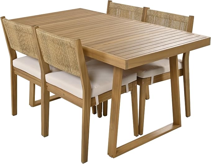 LUMISOL 5 Piece Outdoor Dining Table Set, Acacia Wood Dining Table and Chairs Set with Thick Cushions, Farmhouse Kitchen Table Set for Indoor and Outdoor, Beige